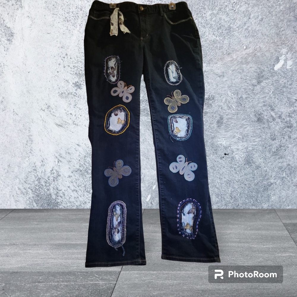 HAND CRAFTED Jeans UPCYCLED Blue Denim Patchwork Butterfly Embroirdery Size 16